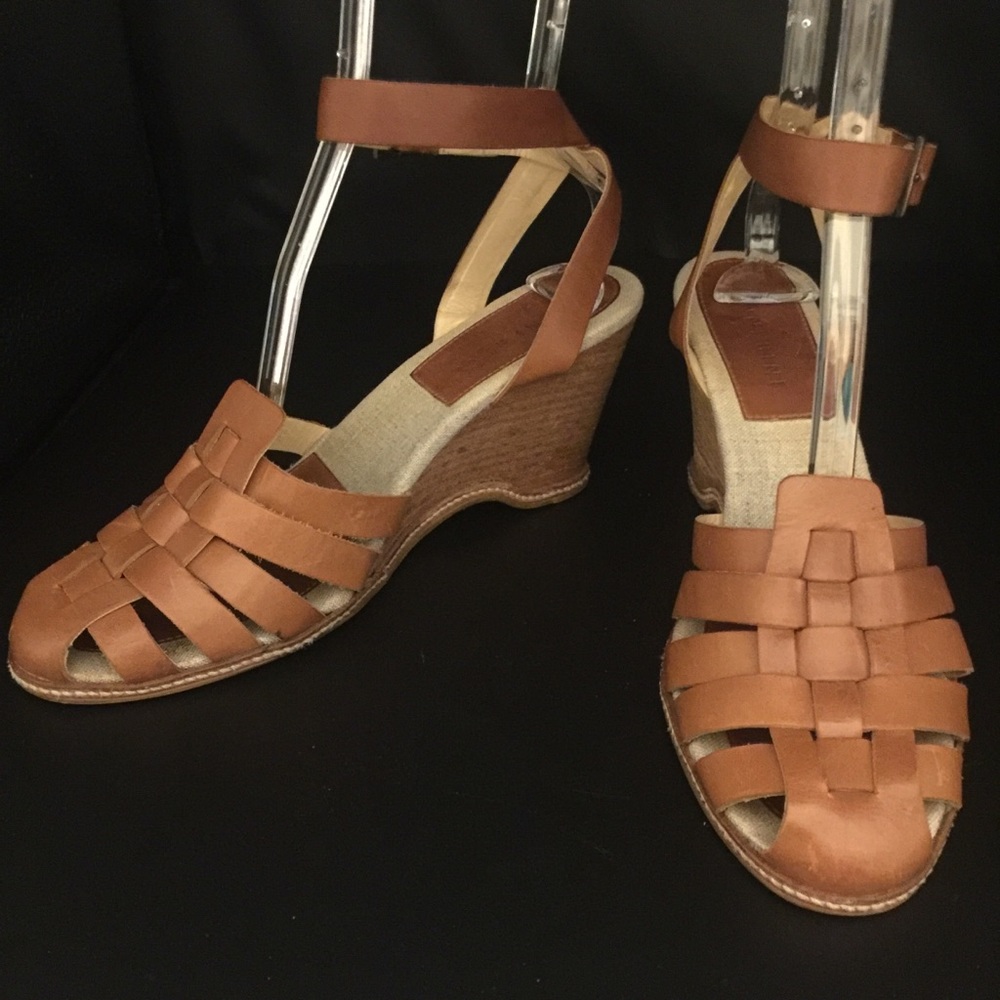 Women’s Tan Leather Wedge Sandals with Ankle Strap